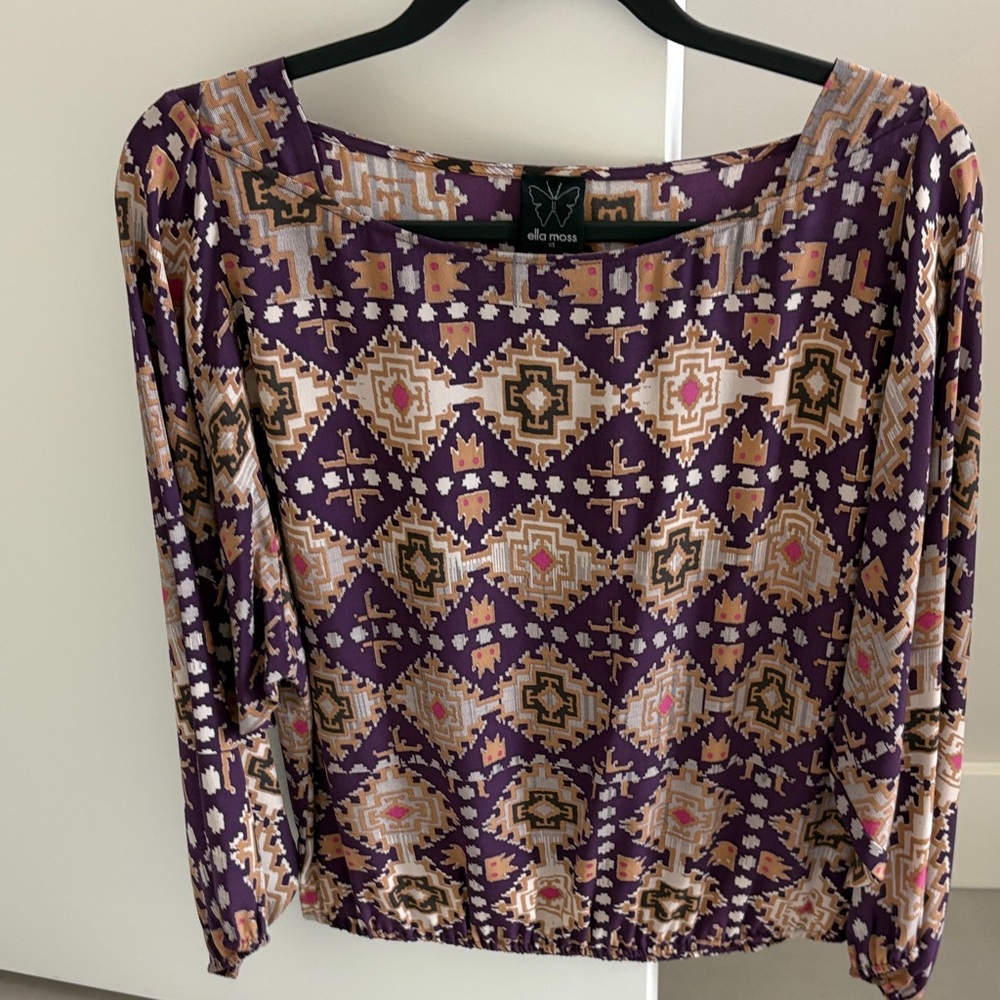 Ella Moss Purple and Gold Geometric Blouse 100% silk XS
